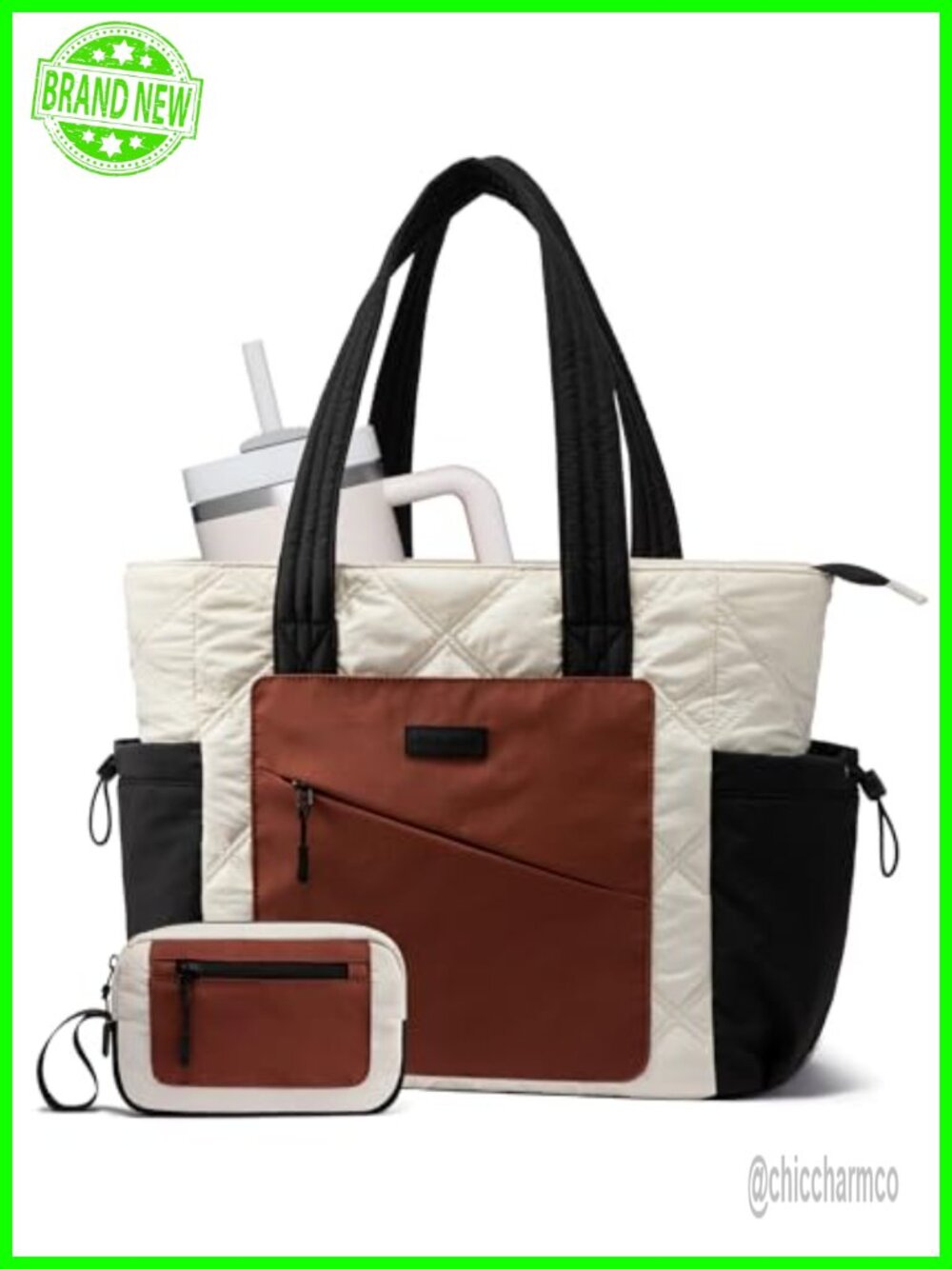 Puffer Tote Bag Lightweight Quilted Polyester with Compartments